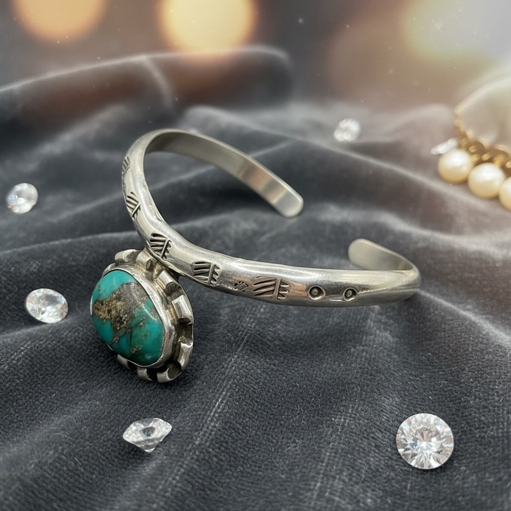 Sterling Silver Turquoise Cuff Bracelet - Blue-Green Turquoise